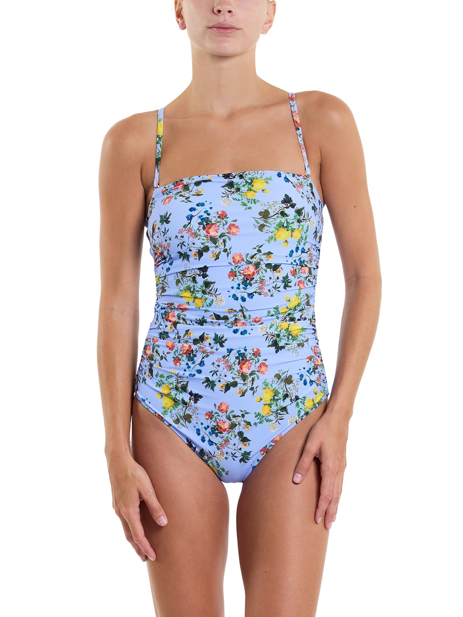 Blue Floral Ruched Bandeau One Piece Swimsuit - Front View On Model | Hanky Panky