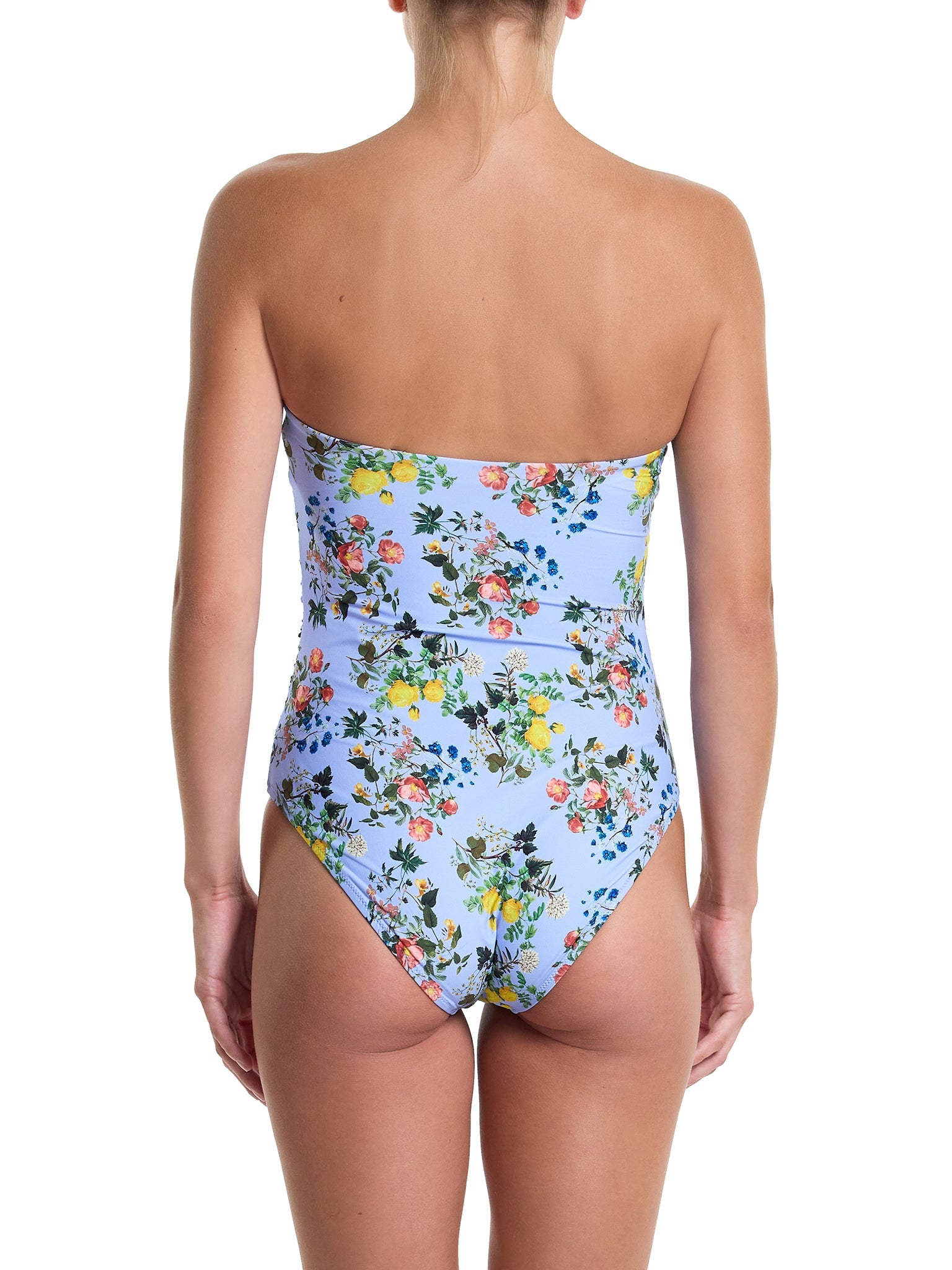 Blue Floral Ruched Bandeau One Piece Swimsuit - Back View On Model | Hanky Panky