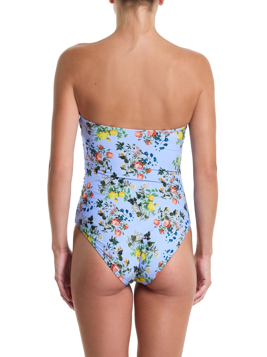 Blue Floral Ruched Bandeau One Piece Swimsuit - Back View On Model | Hanky Panky