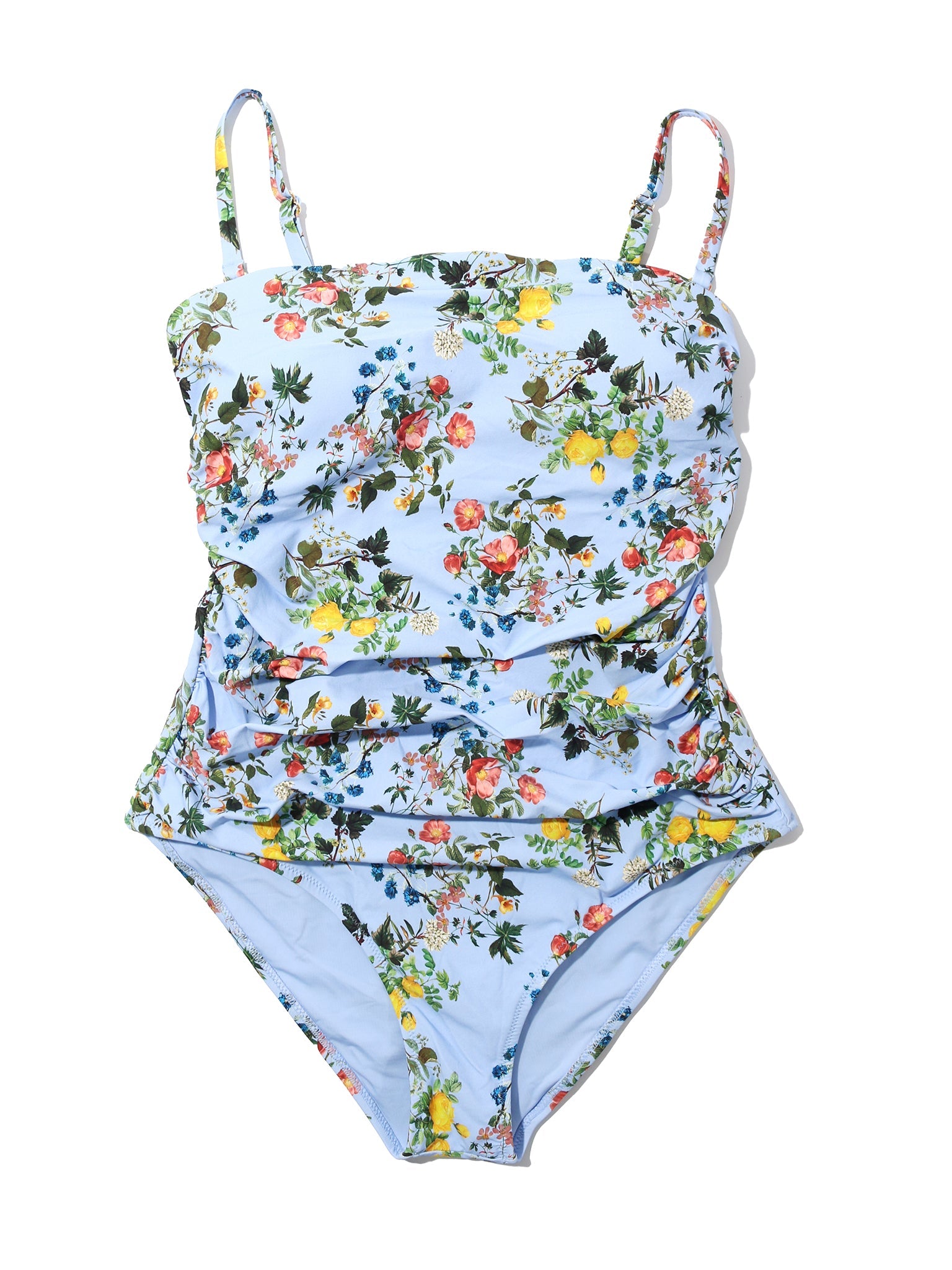 Blue Floral Print Ruched Bandeau One Piece Swimsuit - Flat Lay | Hanky Panky