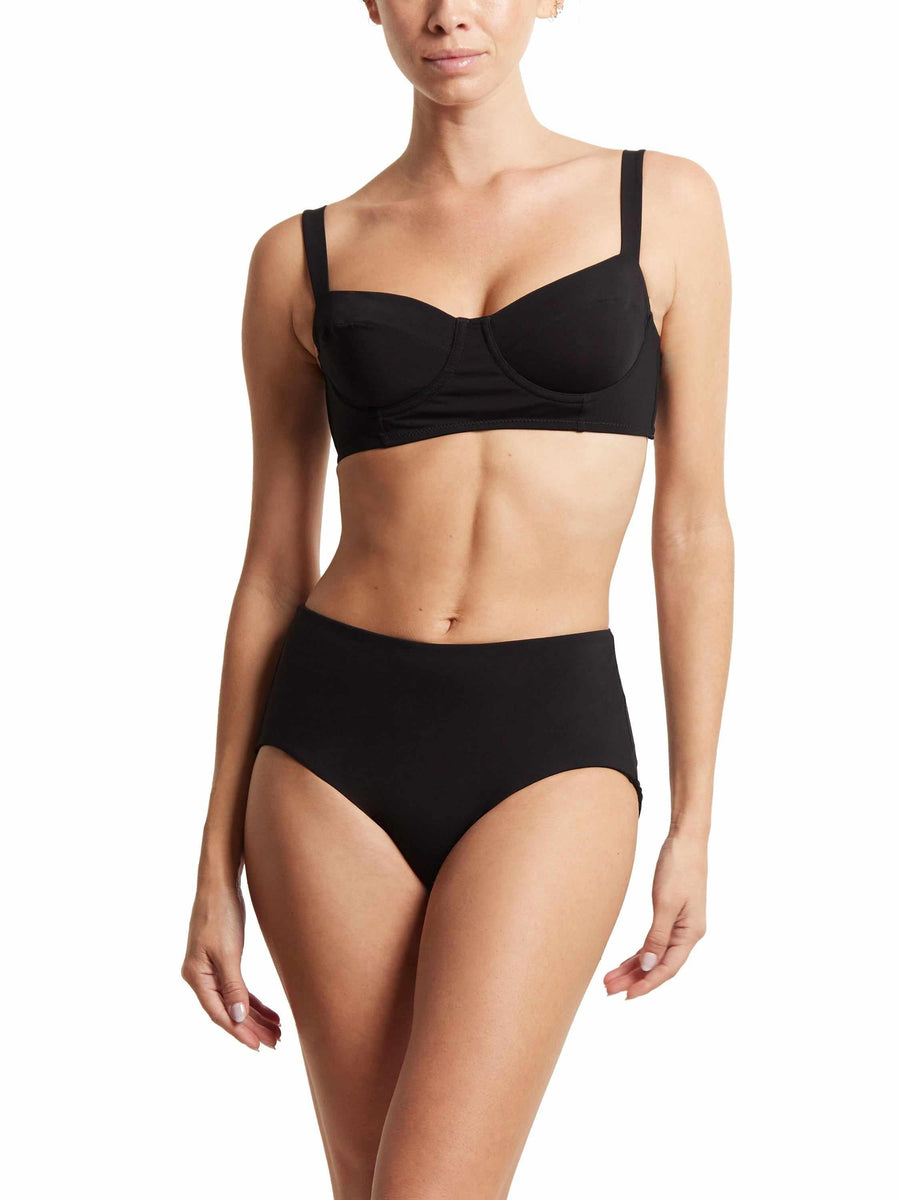 Black Boyshort Swimsuit Bottom On Model Front View with Matching Bikini Top - Two Piece Swim Set | Hanky Panky