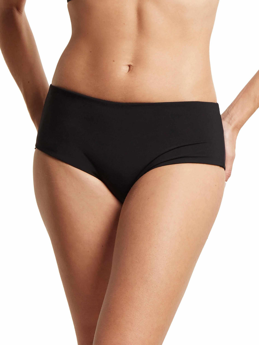 Black Boyshort Swim Bottom On Model Close-Up Front View - Boy Short Bikini Fit & Coverage | Hanky Panky