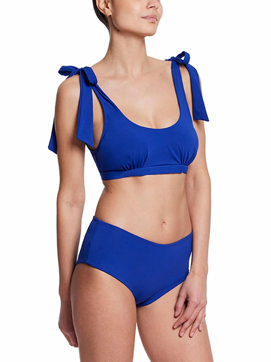 Poolside Blue Boyshort Swim Bottom with Tie-Strap Bikini Top - Side Angle On Model | Hanky Panky