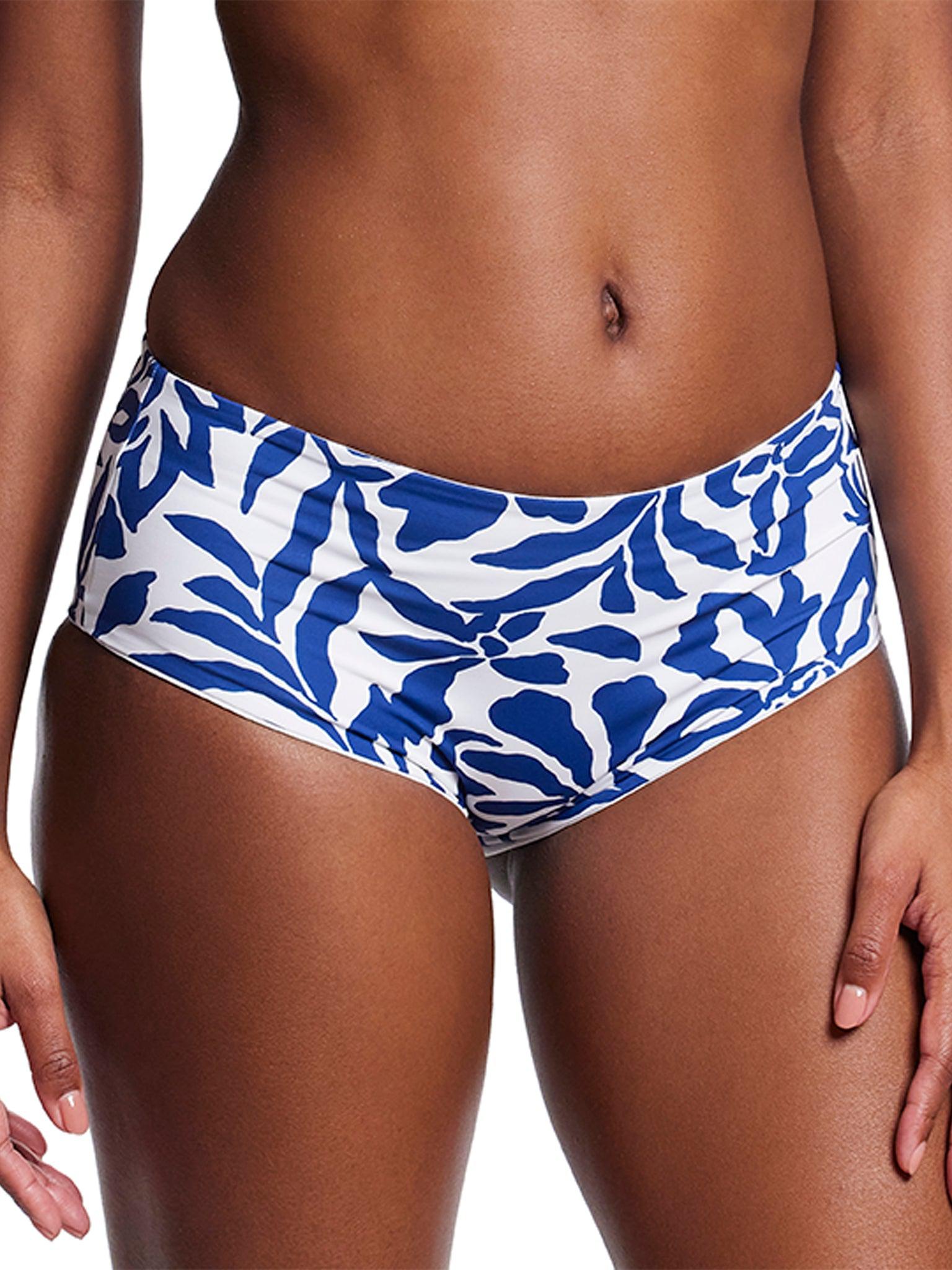 Blue Floral Print Boyshort Swim Bottom - Close-Up Front On Model | Hanky Panky