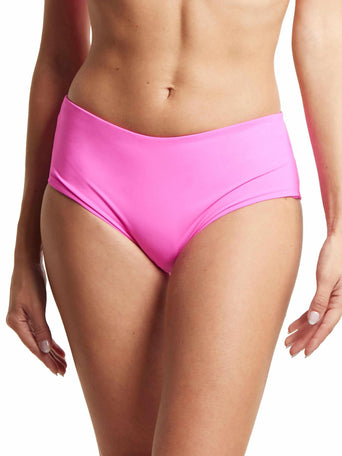 Unapologetic Pink Full Coverage Boyshort Swimsuit Bottom Front View On Model | Hanky Panky