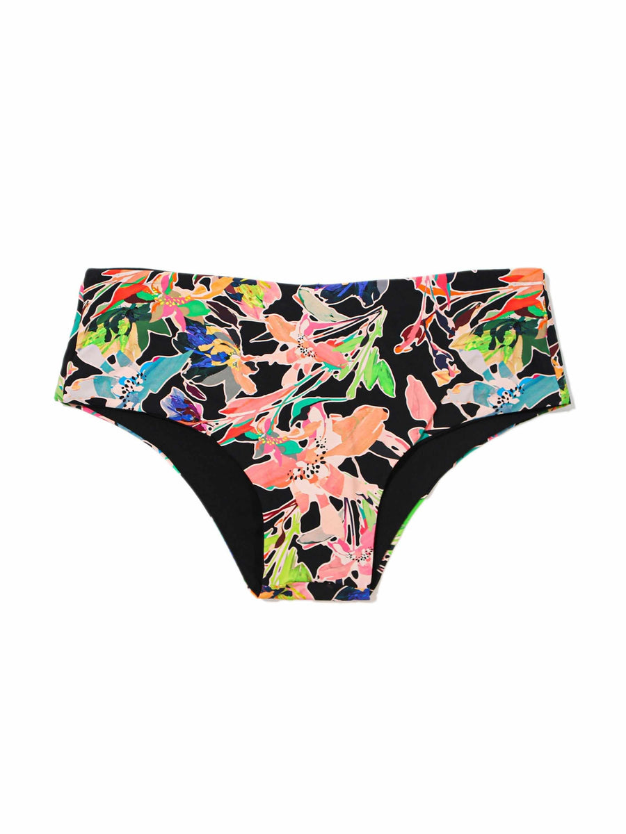 Unapologetic Floral Print Boyshort Swim Bottom - Flat Lay Front, Black Multicolor | Hanky Panky
