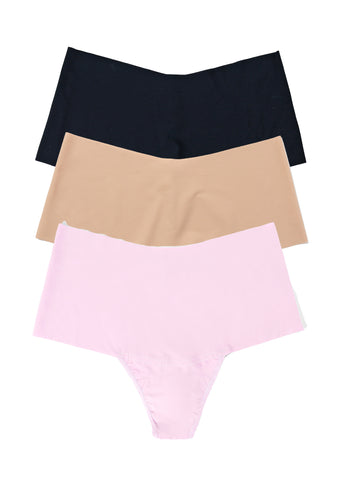 BreatheSoft™ High Rise Thong 3 Pack in Black, Taupe & Bliss Pink - Flat Lay | Hanky Panky