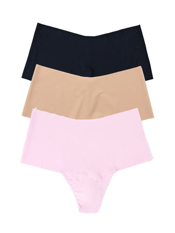 BreatheSoft™ High Rise Thong 3 Pack in Black, Taupe & Bliss Pink - Flat Lay | Hanky Panky