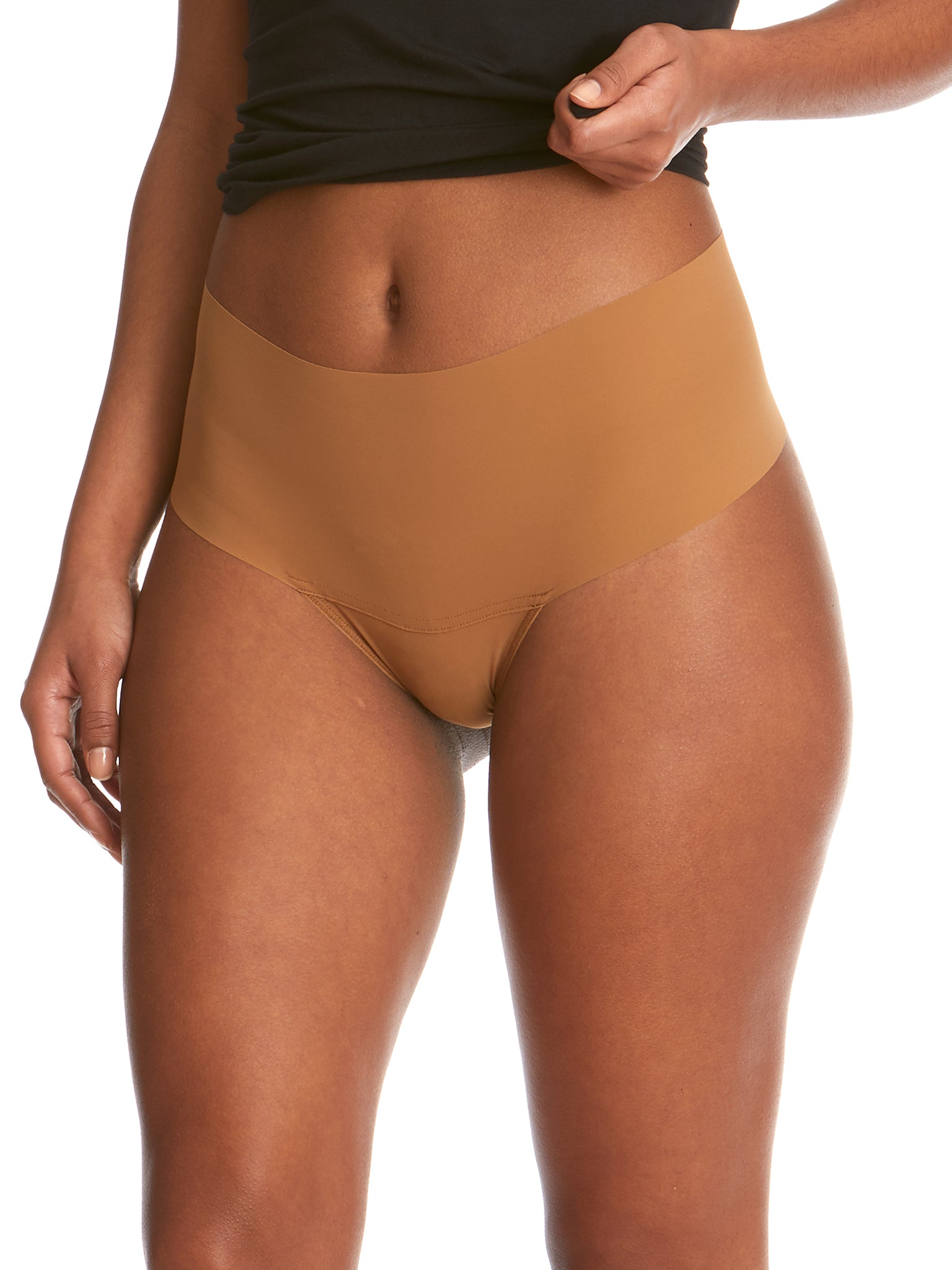 Toffee BreatheSoft™ High Rise Thong - Front On Model, No Panty Lines Microfiber | Hanky Panky