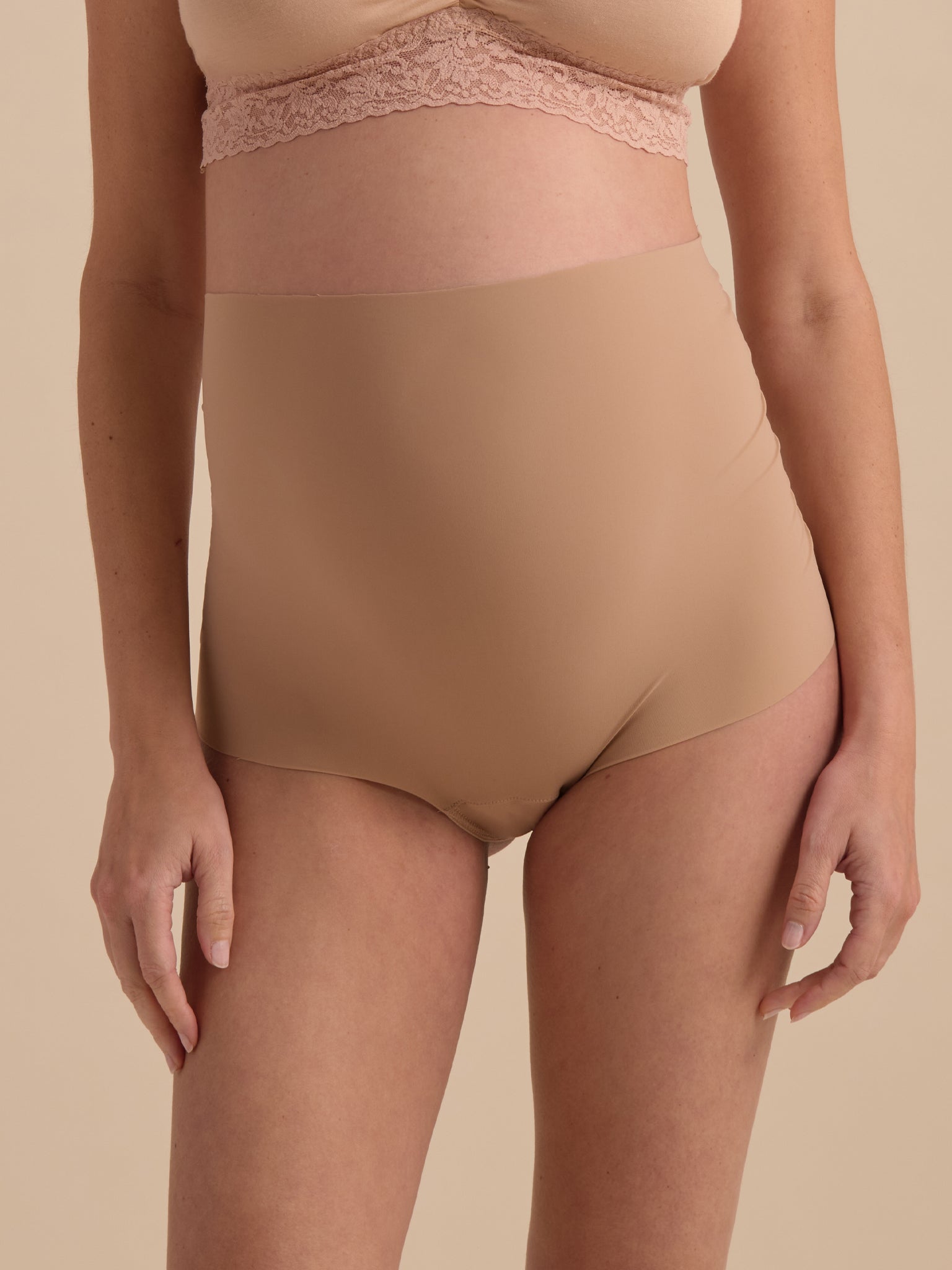 Taupe BreatheSoft™ Maternity Over The Bump Boyshort - Front Close-Up, Seamless Over-Bump Panel Detail | Hanky Panky