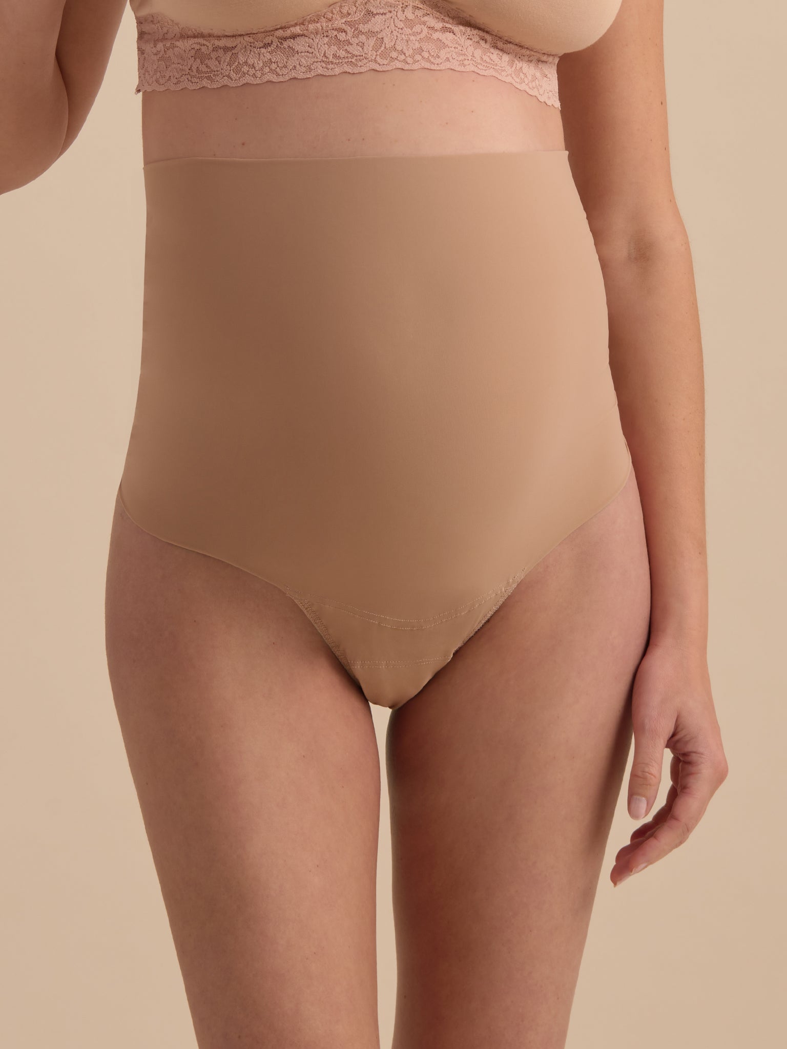 Taupe BreatheSoft™ Maternity Over The Bump Thong - Front Close-Up, High-Rise Seamless Bump Panel | Hanky Panky