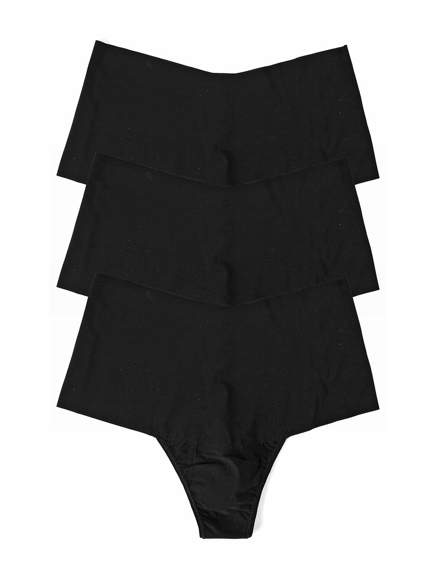 Black BreatheSoft™ High Rise Thong 3 Pack - Flat Lay, Seamless Microfiber | Hanky Panky