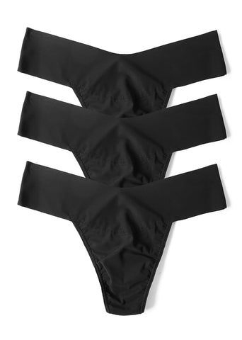 Black BreatheSoft™ Natural Rise Thong 3 Pack - Flat Lay, Seamless Microfiber | Hanky Panky