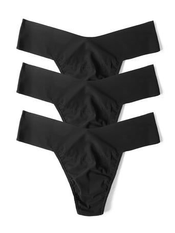 Black BreatheSoft™ Natural Rise Thong 3 Pack - Flat Lay, Seamless Microfiber | Hanky Panky