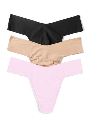 BreatheSoft™ Natural Rise Thong 3 Pack in Black, Taupe & Bliss Pink - Flat Lay | Hanky Panky