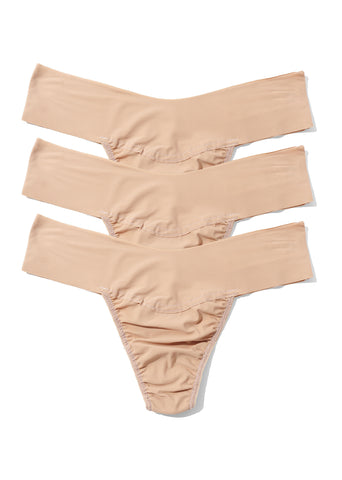 Taupe BreatheSoft™ Natural Rise Thong 3 Pack - Flat Lay, Seamless Microfiber | Hanky Panky