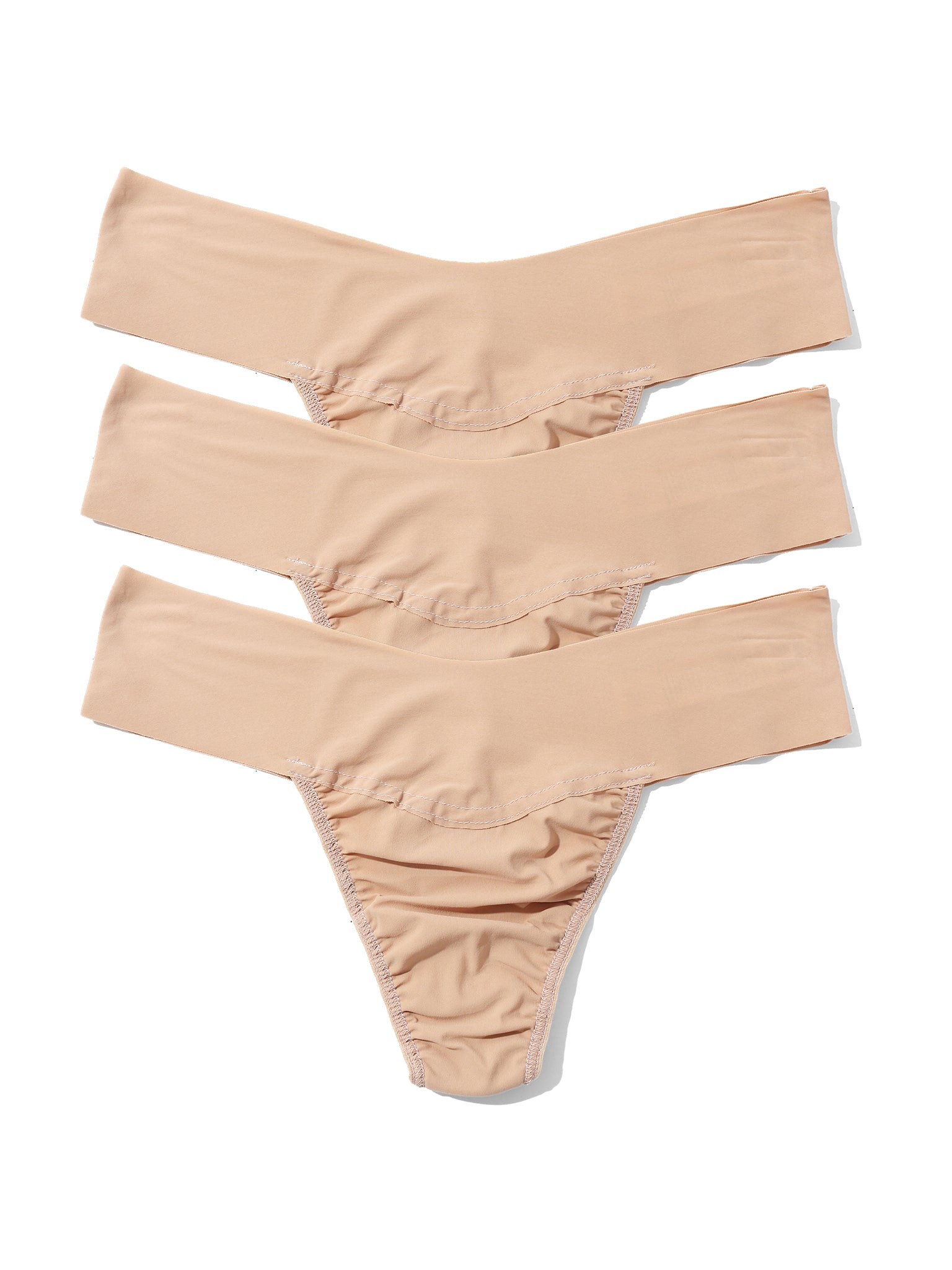 Taupe BreatheSoft™ Natural Rise Thong 3 Pack - Flat Lay, Seamless Microfiber | Hanky Panky