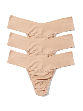 Taupe BreatheSoft™ Natural Rise Thong 3 Pack - Flat Lay, Seamless Microfiber | Hanky Panky