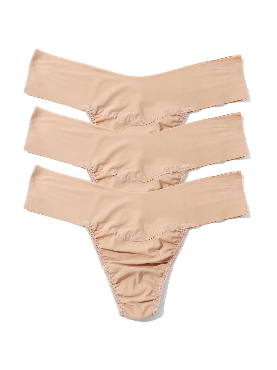 Taupe BreatheSoft™ Natural Rise Thong 3 Pack - Flat Lay, Seamless Microfiber | Hanky Panky