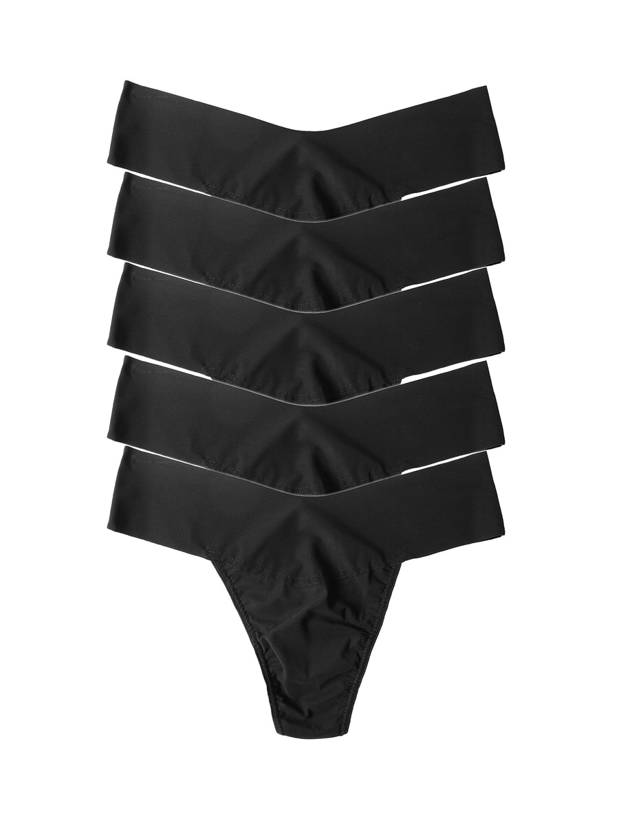 Black BreatheSoft™ Natural Rise Thong 5 Pack - Flat Lay Stack | Hanky Panky