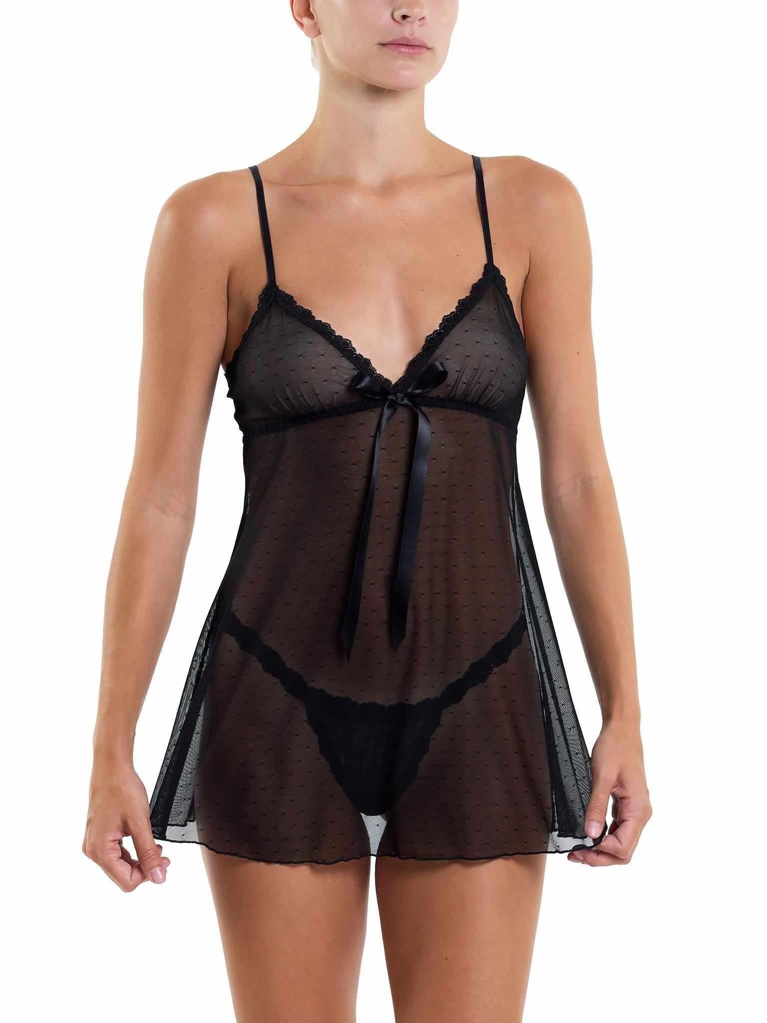 Dotted Tulle Babydoll And G-String Black Sale