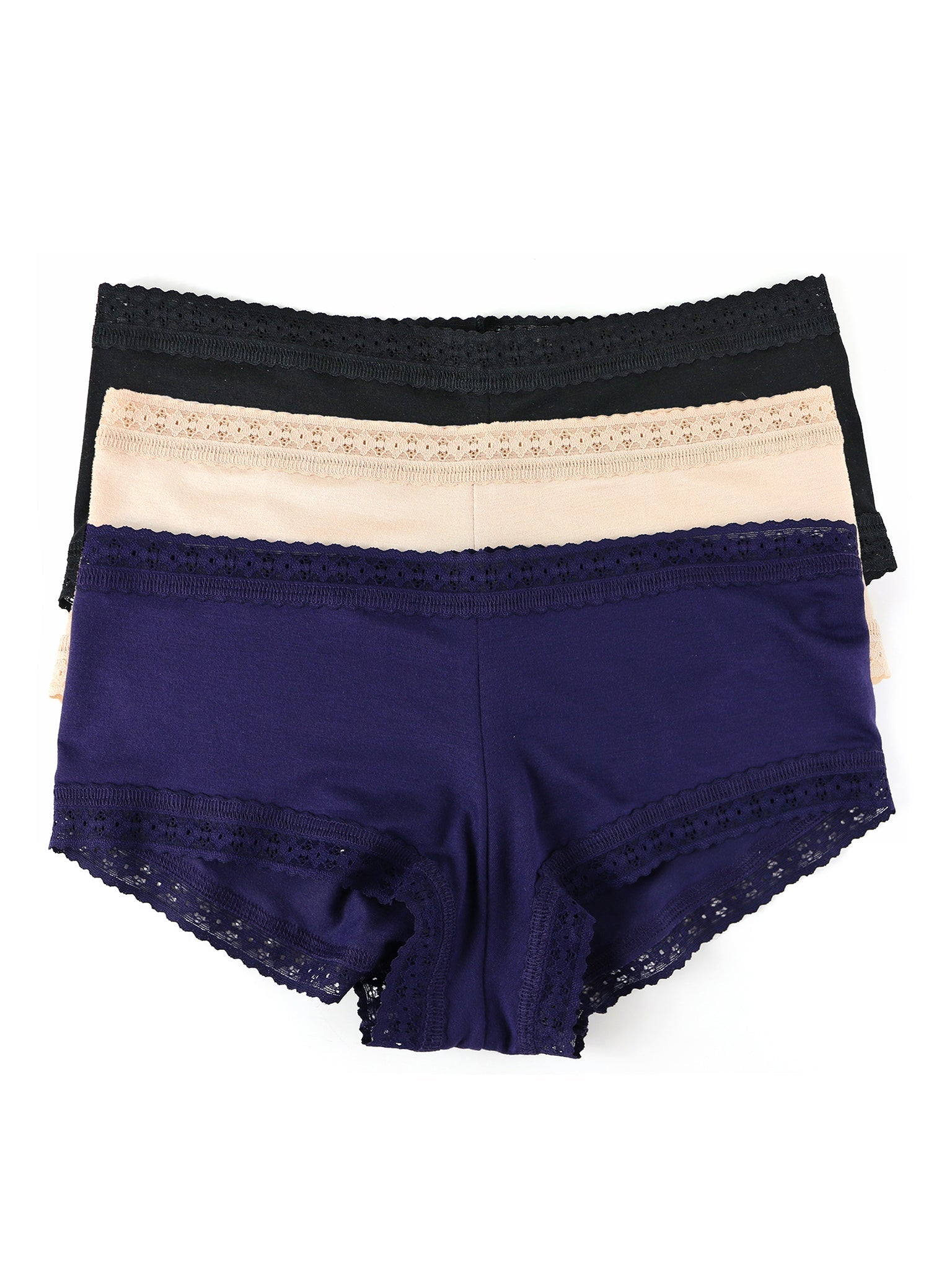DreamEase™ Boyshort 3 Pack Black Chai Indigo Flat Lay - Lace Trim Modal Boyshorts | Hanky Panky