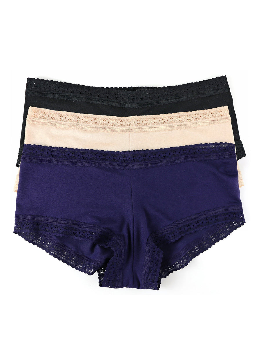 DreamEase™ Boyshort 3 Pack Black Chai Indigo Flat Lay - Lace Trim Modal Boyshorts | Hanky Panky