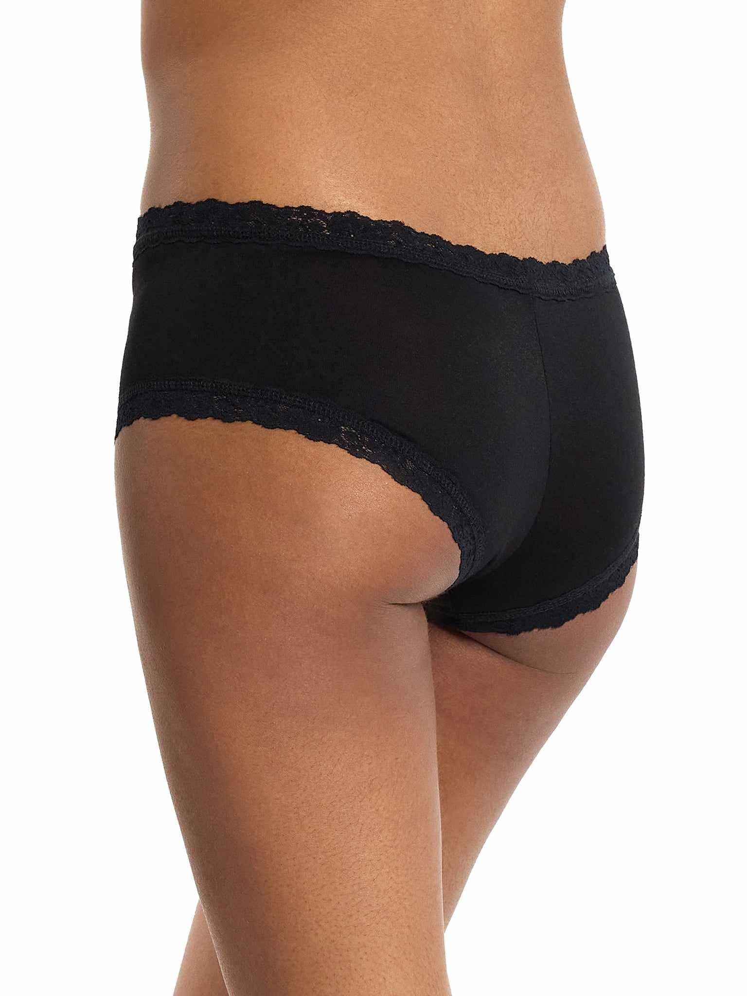 Black DreamEase™ Boyshort with floral lace trim - Back Diagonal Angle, comfortable boy shorts | Hanky Panky