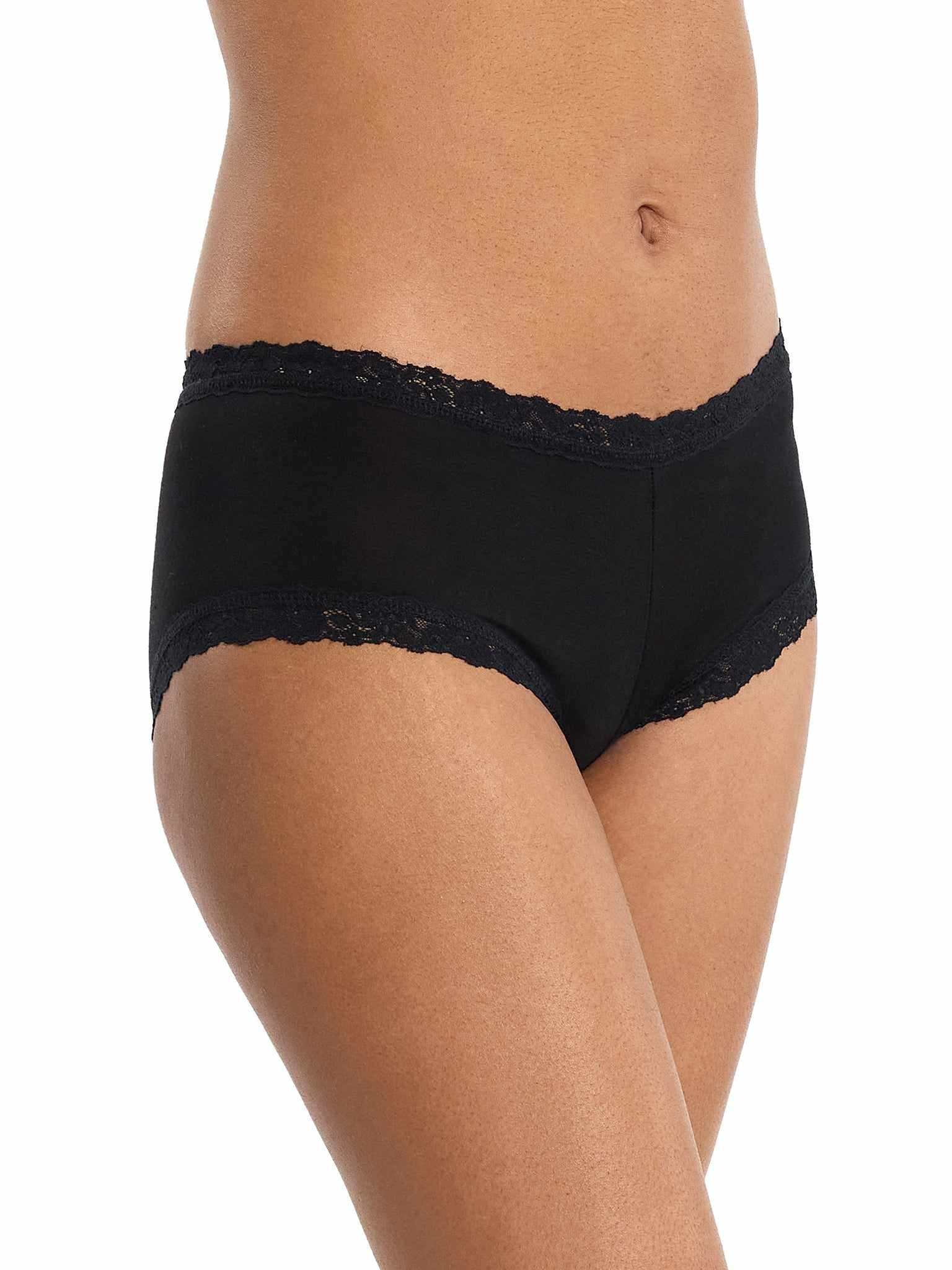 Black DreamEase™ Boyshort modal fabric with lace detail - Front Side View, everyday boyshort | Hanky Panky