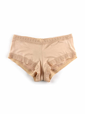 DreamEase™ Boyshort Chai - Flat Lay Front View, Lace-Trim Modal Boyshort Panty | Hanky Panky