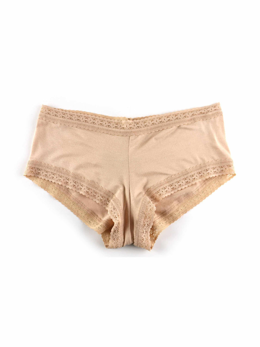 DreamEase™ Boyshort Chai - Flat Lay Front View, Lace-Trim Modal Boyshort Panty | Hanky Panky