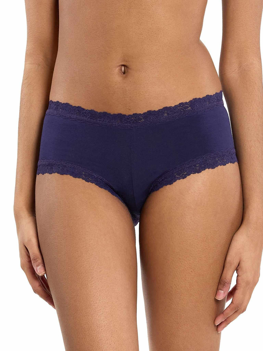 Indigo DreamEase™ Boyshort with Lace Trim - Front View On Model | Hanky Panky