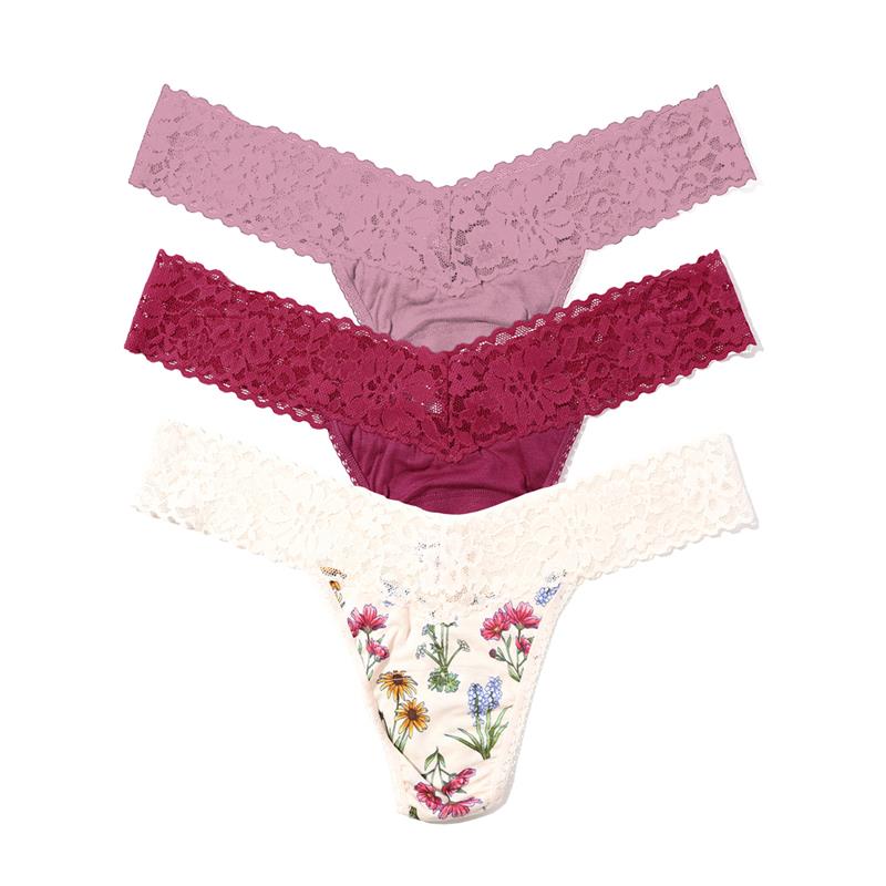DreamEase™ Low Rise Thong 3 Pack California Raisin/ Flourish Print/ Lavender Tea Pink