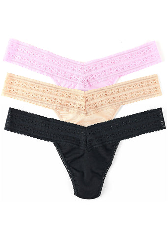 DreamEase™ Low Rise Thong 3-Pack in Chai, Black & Candy Pink - Flat Lay | Hanky Panky