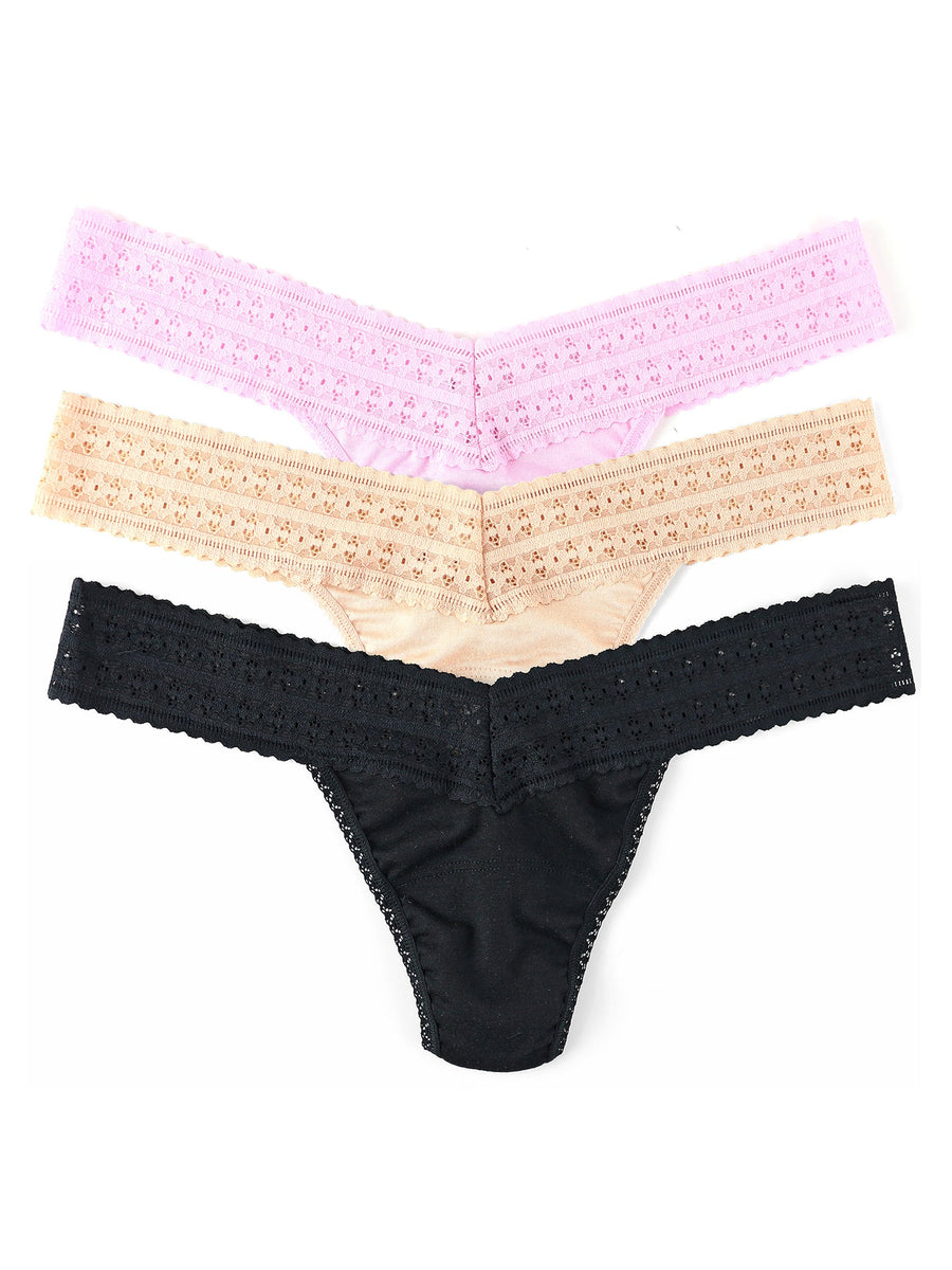 DreamEase™ Low Rise Thong 3 Pack in Chai, Black & Candy Pink - Flat Lay | Hanky Panky
