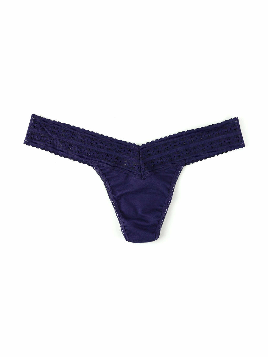 Indigo DreamEase™ Low Rise Thong - Flat Lay, Lace Waistband Detail | Hanky Panky