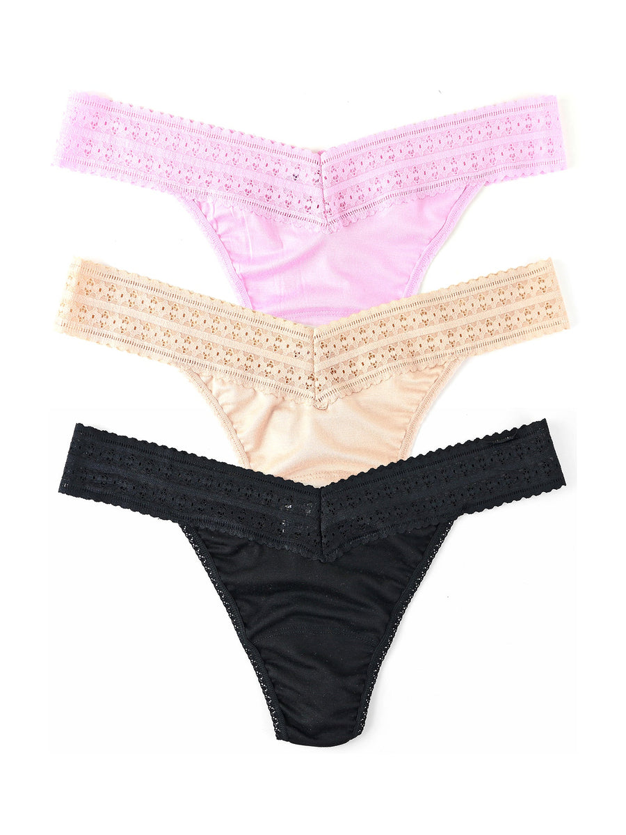 DreamEase™ Original Rise Thong 3-Pack in Pink, Chai & Black - Flat Lay | Hanky Panky