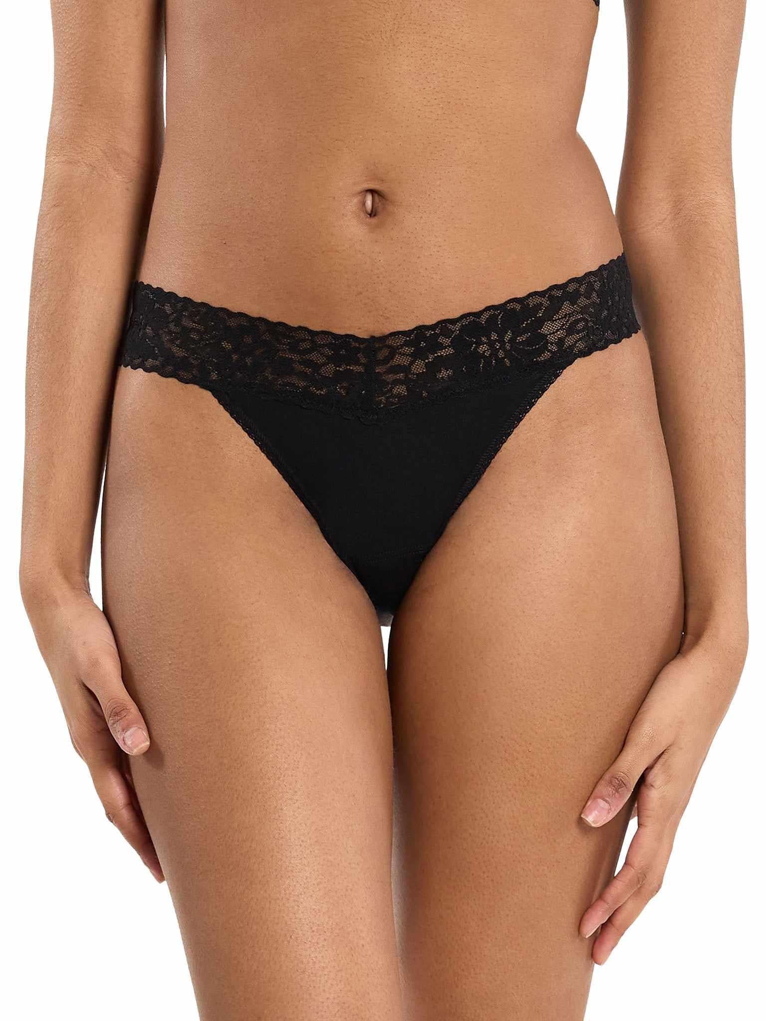 DreamEase™ Original Rise Thong Black - Front View, V-waist lace waistband, comfortable thong | Hanky Panky