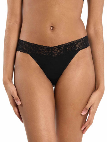 DreamEase™ Original Rise Thong Black - Front View, V-waist lace waistband, comfortable thong | Hanky Panky