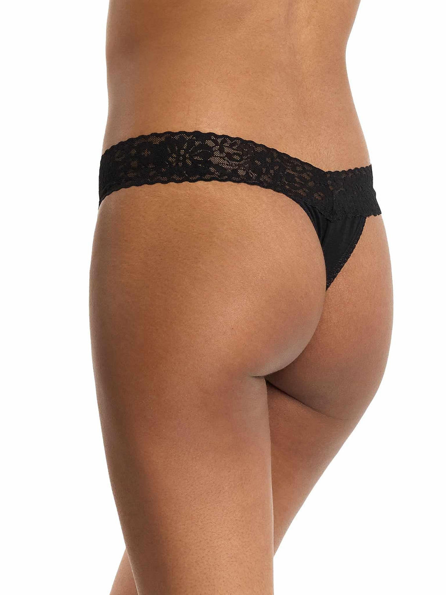 DreamEase™ Original Rise Thong Black - Back Angle, floral lace waistband detail, modal thong | Hanky Panky