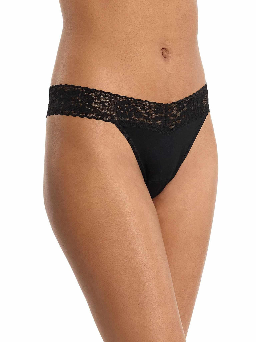 DreamEase™ Original Rise Thong Black - Front Angle, V-front lace waistband, comfortable thong | Hanky Panky