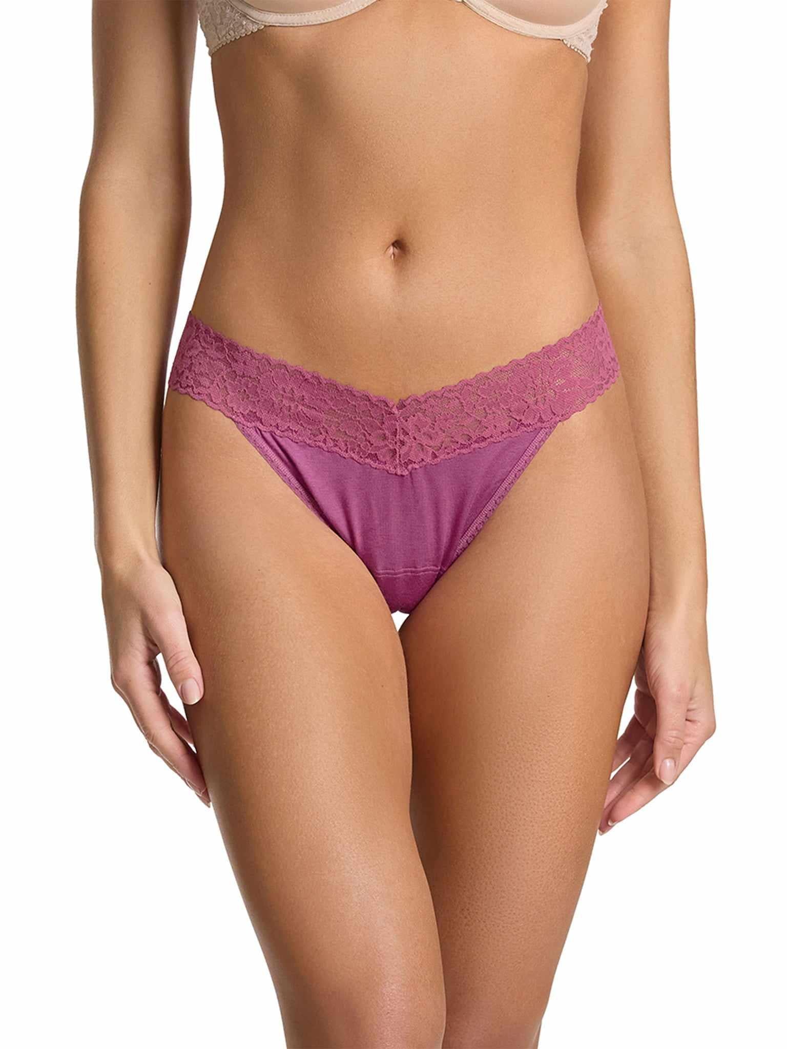 DreamEase™ Original Rise Thong California Raisin Purple - Front View On Model | Hanky Panky