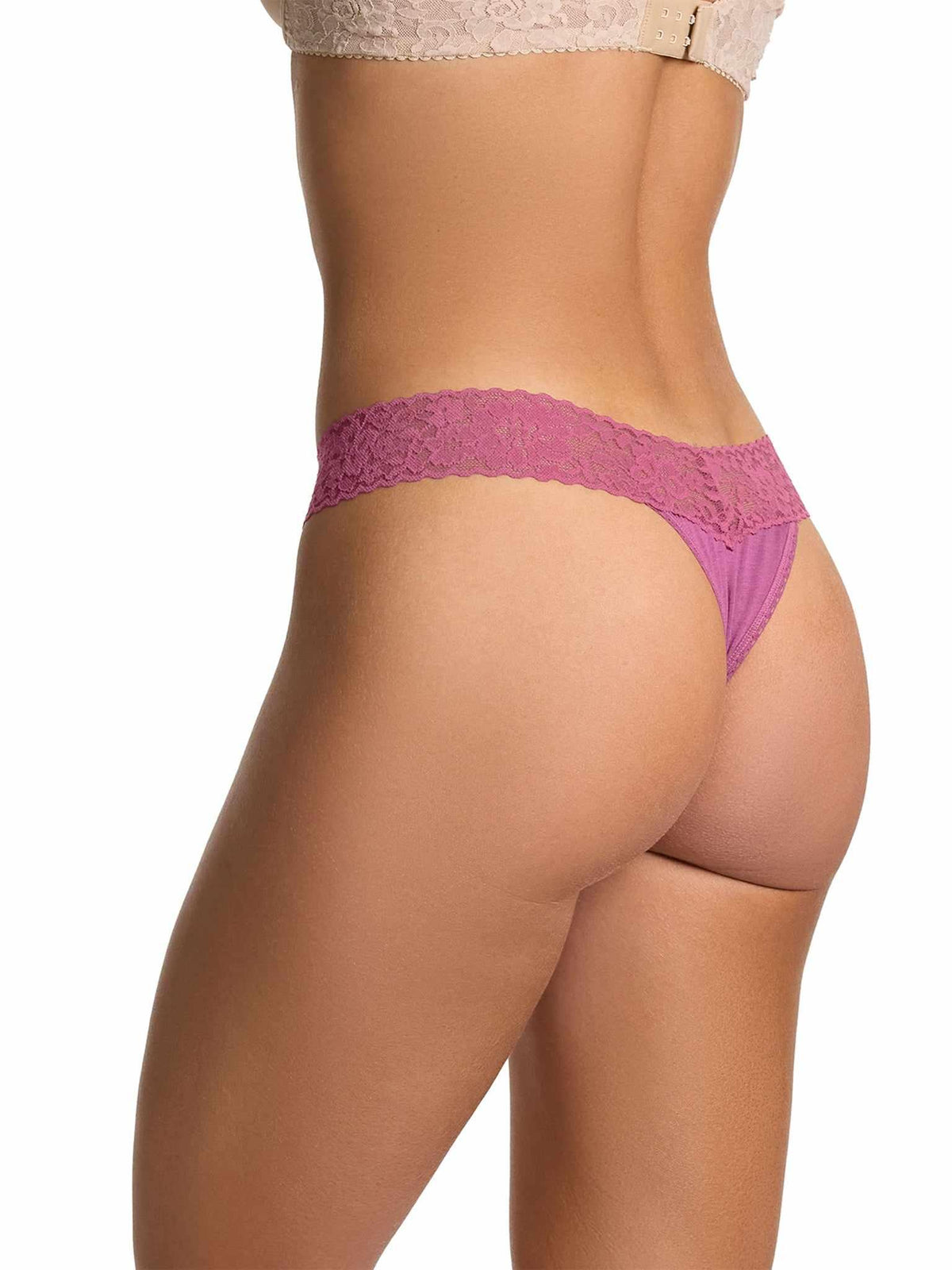 DreamEase™ Original Rise Thong California Raisin Purple - Side Angle Back On Model, Lace Waistband | Hanky Panky