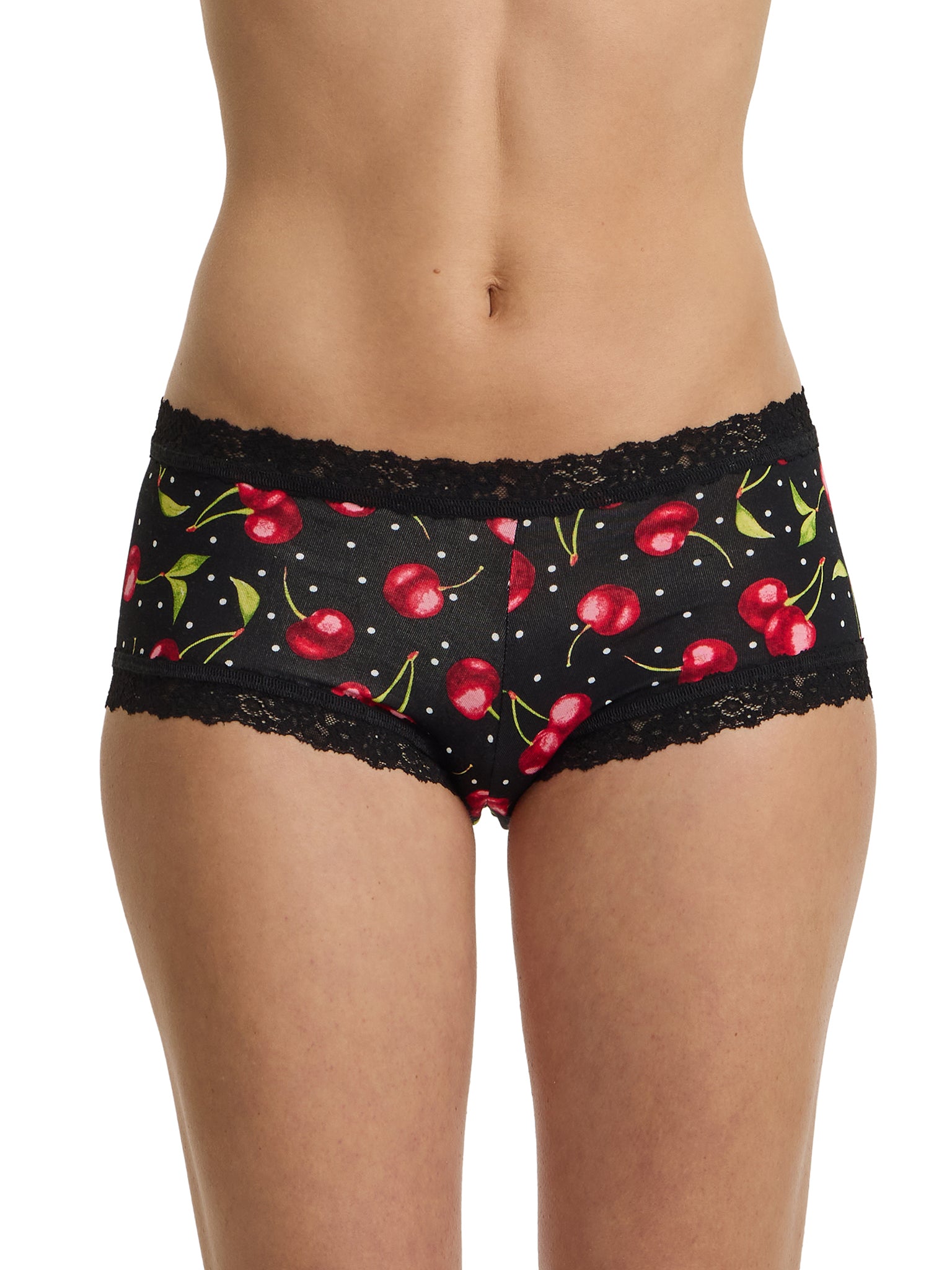 DreamEase™ Cherry Print Boyshort - Front View, Black with Red Cherry Polka Dot Print & Lace Trim | Hanky Panky