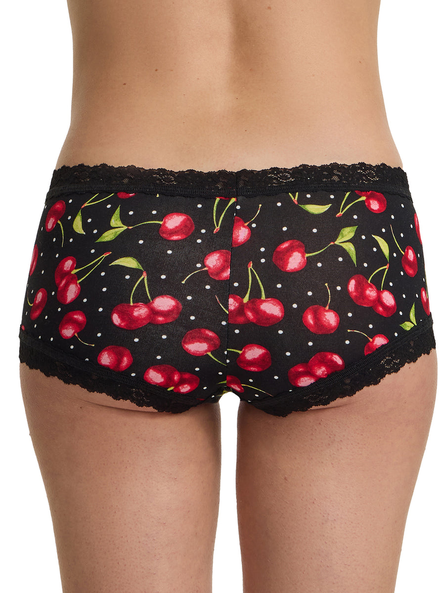 DreamEase™ Cherry Print Boyshort - Back View, Black Cheeky Coverage with Lace Waistband & Leg Trim | Hanky Panky