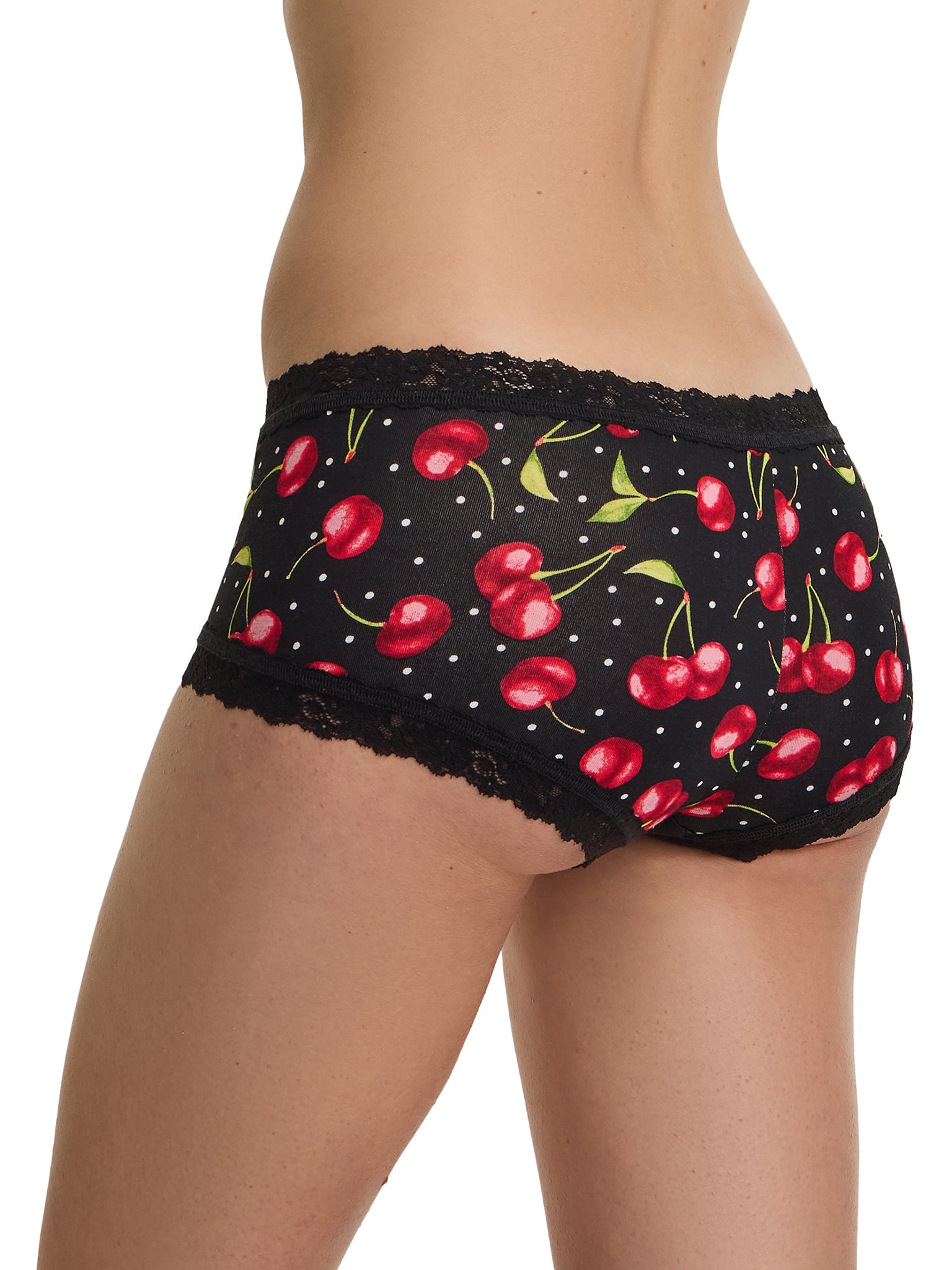 DreamEase™ Cherry Print Boyshort - Back Side Profile, Black Modal Blend with Lace Waist & Leg Trim | Hanky Panky