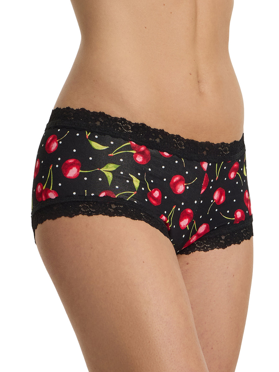 DreamEase™ Cherry Bomb Boyshort - Side View On Model, Black Cherry Print Lace-Trim Underwear for Women | Hanky Panky
