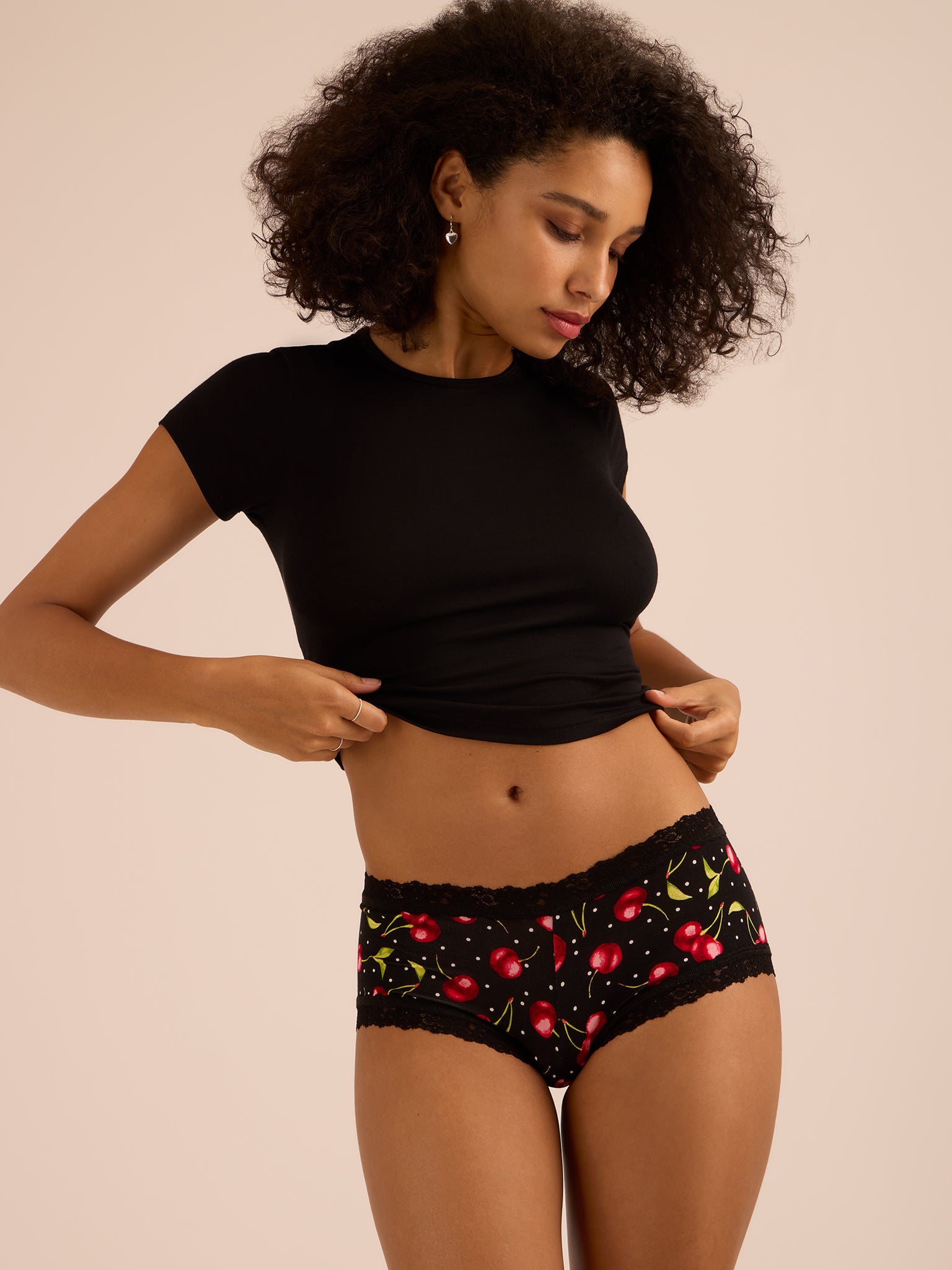DreamEase™ Cherry Bomb Boyshort - Lifestyle Shot On Model with Black Crop Top, Printed Boyshort Underwear | Hanky Panky
