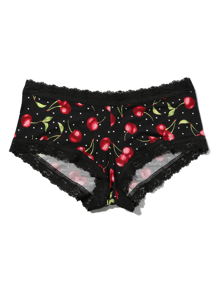 DreamEase™ Cherry Bomb Boyshort - Flat Lay, Black Modal Blend Printed Boyshort with Lace Trim | Hanky Panky