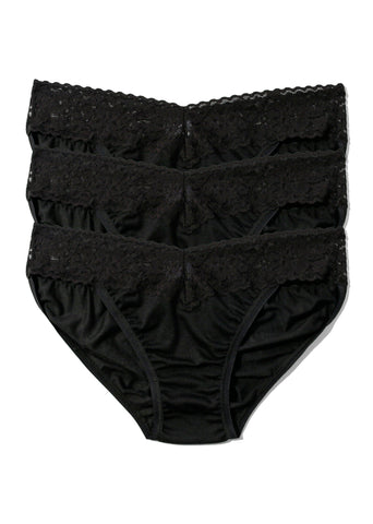 Black DreamEase™ V-kini 3 Pack, Tencel Modal bikini panties with lace waistband - Flat Lay | Hanky Panky